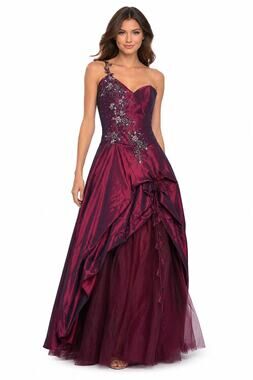 2000s Alyce Burgundy Iridescent One Shoulder Prom Gown Size Large